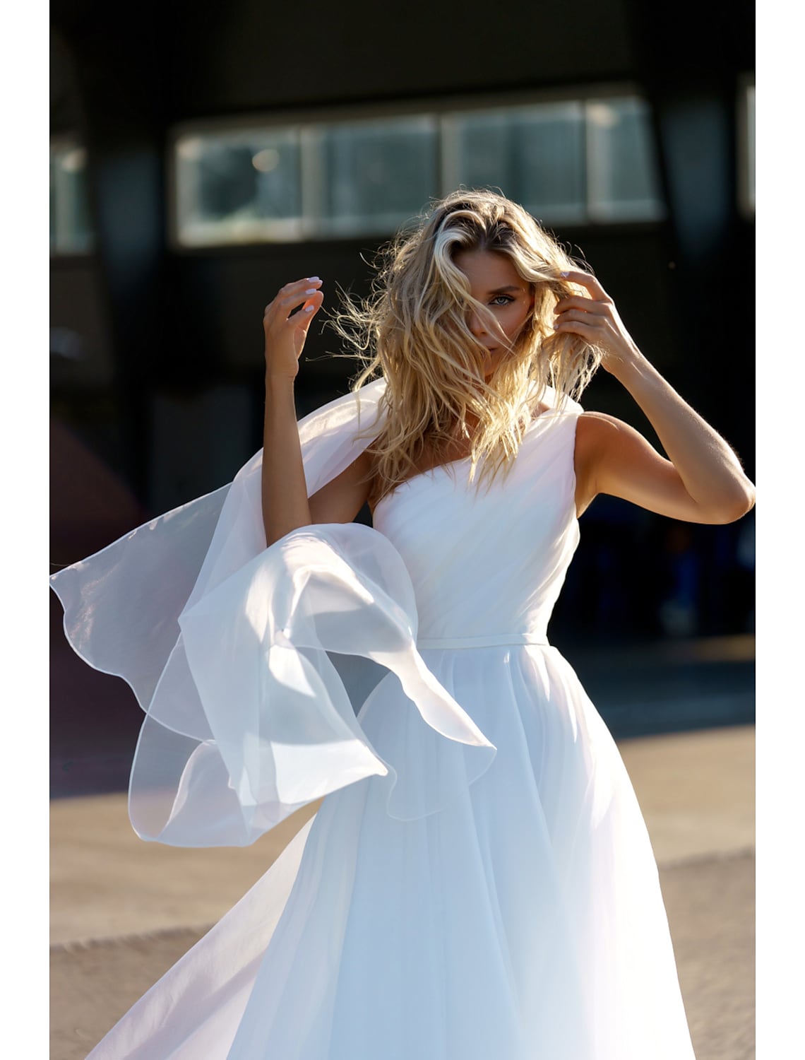 Elegant Princess One Shoulder Ruffles Organza Chapel Train Wedding Dress.