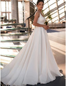 Elegant Princess Square Neck Sleeveless Beaded Satin Court Train Wedding Gown.