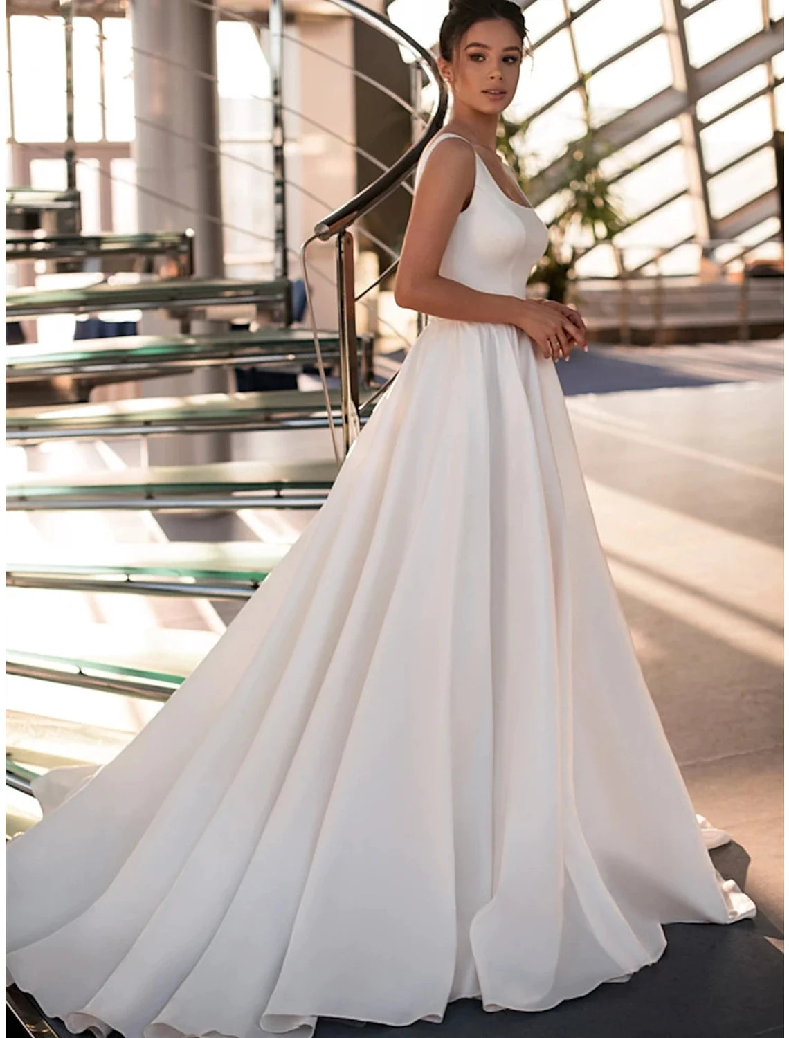 Elegant Princess Square Neck Sleeveless Beaded Satin Court Train Wedding Gown.