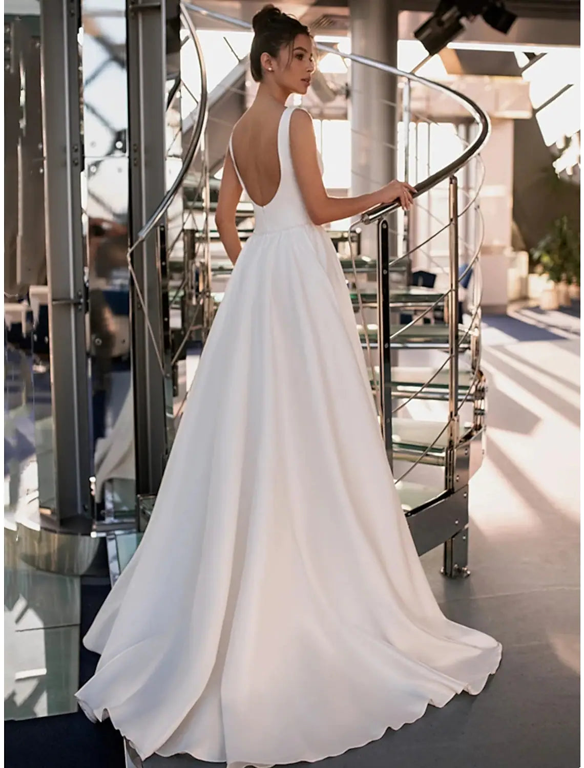 Elegant Princess Square Neck Sleeveless Beaded Satin Court Train Wedding Gown.