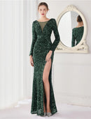 Elegant sequined mermaid long sleeve evening gown.