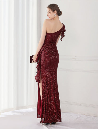 Elegant Sequined Mermaid One-Shoulder Floor-Length Evening Dress with Slit.
