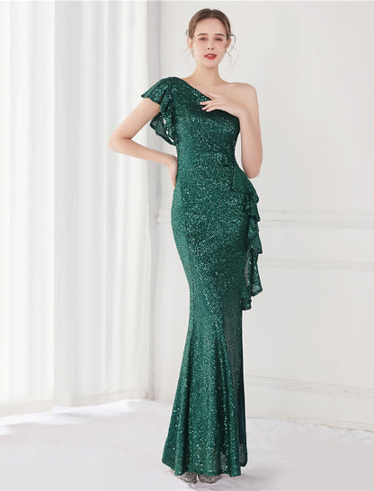 Elegant Sequined Mermaid One-Shoulder Floor-Length Evening Dress with Slit.