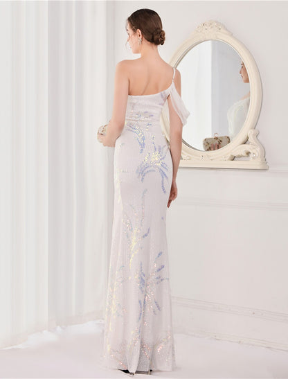 Elegant Sequined Mermaid Spaghetti Strap Evening Gown, Floor Length Dress.