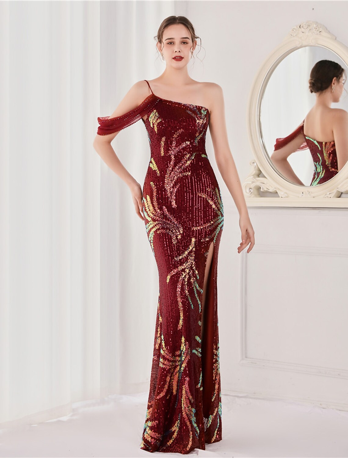 Elegant Sequined Mermaid Spaghetti Strap Evening Gown, Floor Length Dress.