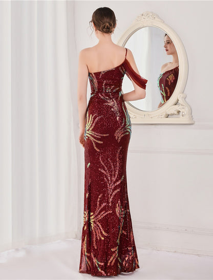 Elegant Sequined Mermaid Spaghetti Strap Evening Gown, Floor Length Dress.