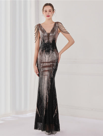 Close-up of the sequin detail on a mermaid style formal dress.