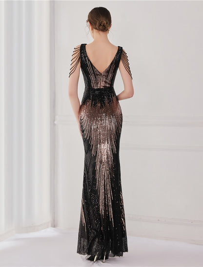 Back view of the V-back sequined mermaid gown.