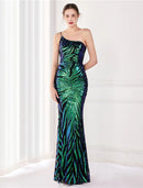Elegant sequined one-shoulder mermaid trumpet evening gown.