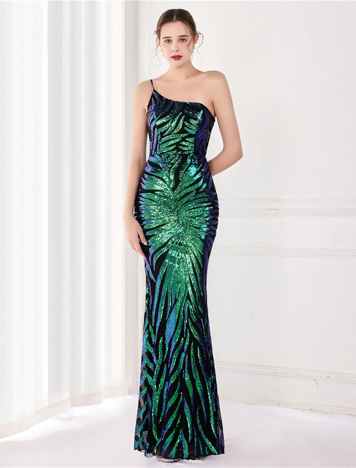 Elegant sequined one-shoulder mermaid trumpet evening gown.