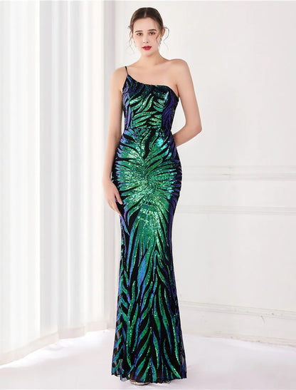 Elegant sequined one-shoulder mermaid trumpet evening gown.