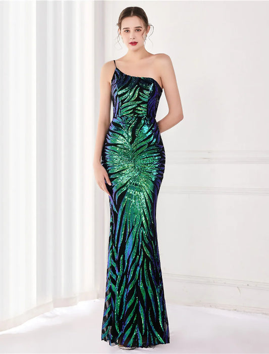 Elegant sequined one-shoulder mermaid trumpet evening gown.