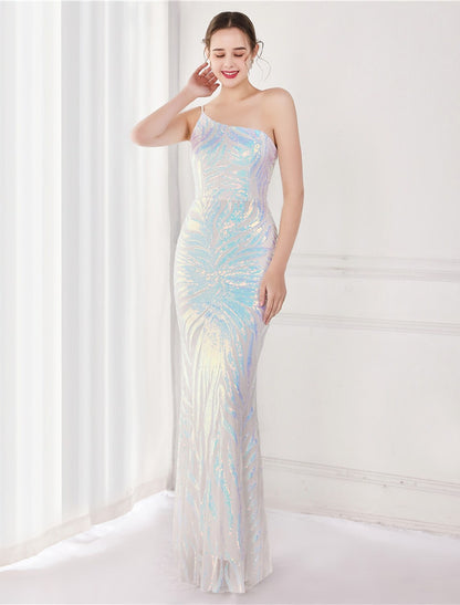 Close-up of the sequin detail on the elegant one-shoulder mermaid trumpet evening gown.