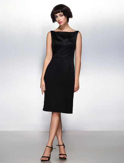 Elegant Sheath Bateau Neck Pleated Satin Knee-Length Party Dress.