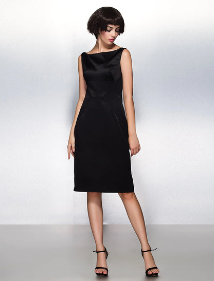Side view of Elegant Sheath Bateau Neck Pleated Satin Knee-Length Party Dress.