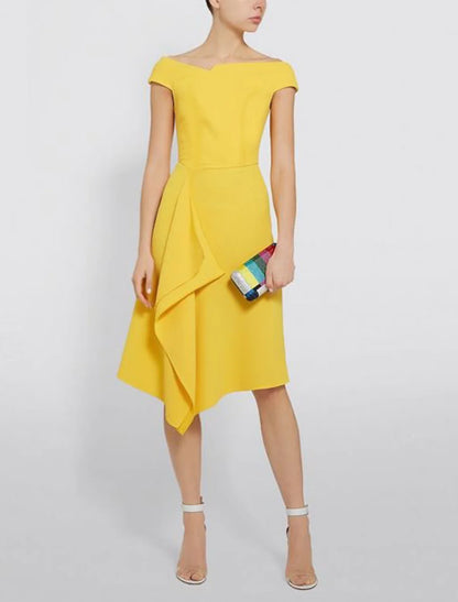 Elegant Sheath Boat Neck Short Sleeve Satin Knee Length Cocktail Party Dress.