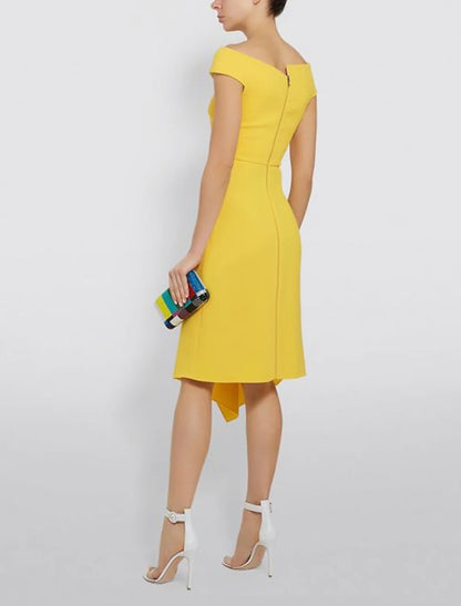 Elegant Sheath Boat Neck Short Sleeve Satin Knee Length Cocktail Party Dress.