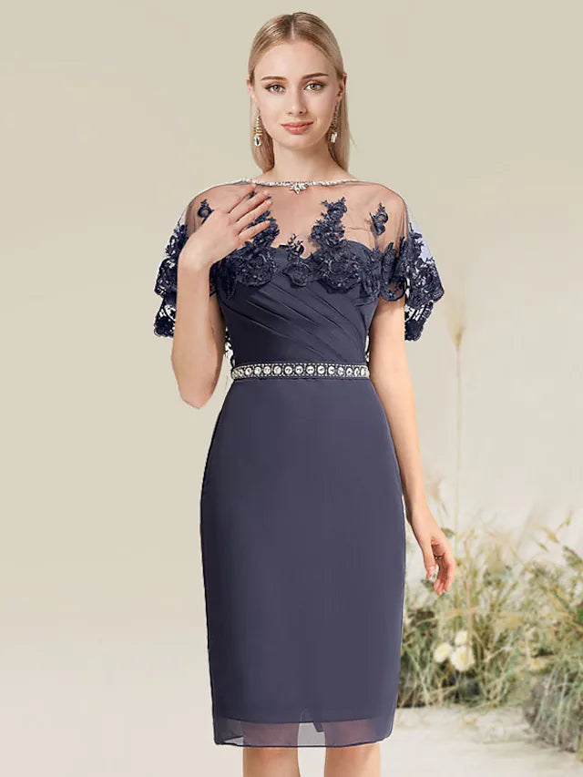 Elegant Sheath Column Convertible Lace Knee-Length Cocktail Dress.