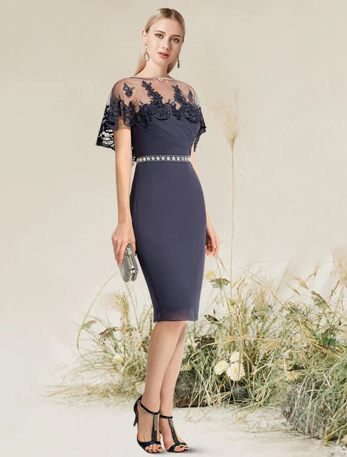 Elegant Sheath Column Convertible Lace Knee-Length Cocktail Dress.