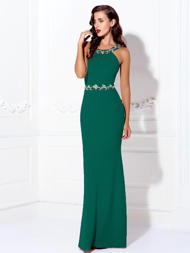 Elegant Sheath Column Halter Beaded Crisscross Back Navy Floor Length Guest Dress.