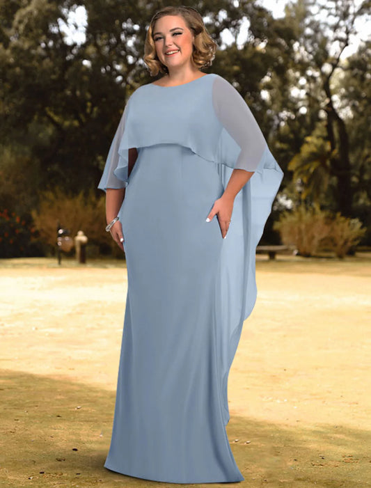 Elegant Sheath Column Jewel Neck 3/4 Sleeve Engagement Solid Floor Length Evening Gown, front view.