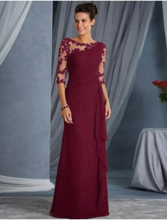 Elegant Sheath Column Jewel Neck Half Sleeve Lace Applique Floor Length Evening Gown.