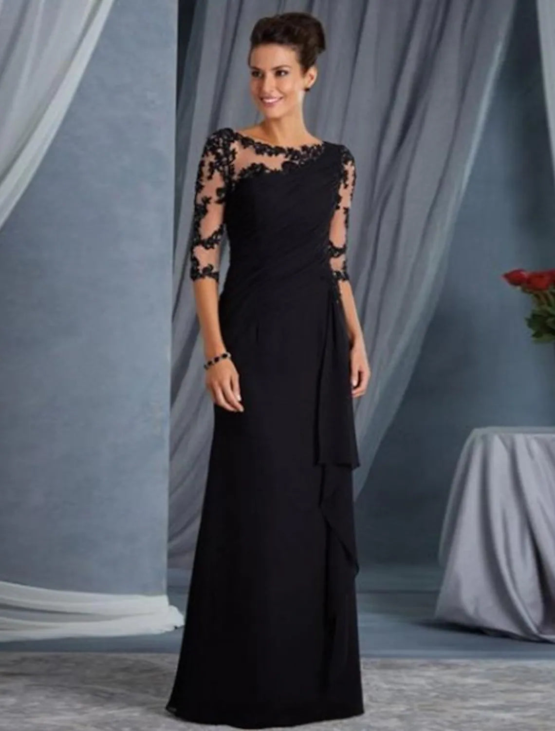 Elegant Sheath Column Jewel Neck Half Sleeve Lace Applique Floor Length Evening Gown.