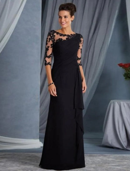 Elegant Sheath Column Jewel Neck Half Sleeve Lace Applique Floor Length Evening Gown.