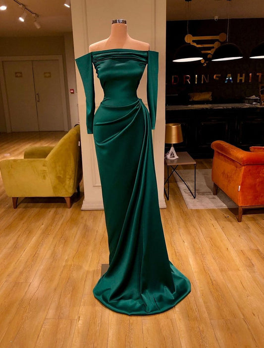Elegant Sheath Column Off Shoulder Long Sleeve Ruched Sweep Train Evening Gown.