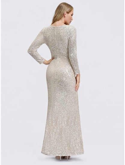 Elegant Sheath Column Plunging Neck Long Sleeve Sequined Split Formal Evening Dress.