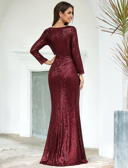 Elegant Sheath Column Plunging Neck Long Sleeve Sequined Split Formal Evening Dress.