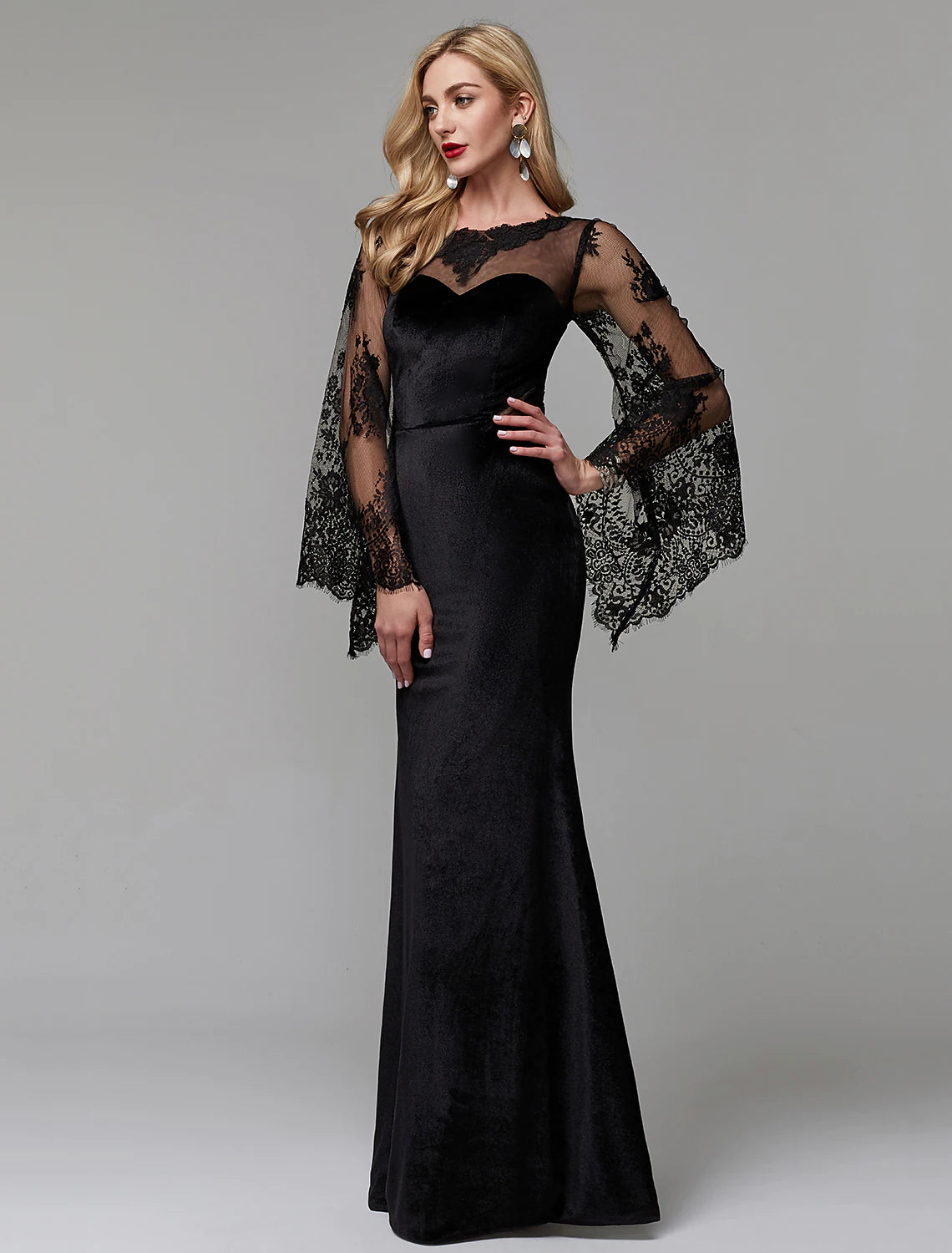 Elegant Sheath Illusion Neck Long Sleeve Lace Floor-Length Wedding Guest Dress.