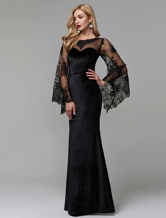 Elegant Sheath Illusion Neck Long Sleeve Lace Floor-Length Wedding Guest Dress.