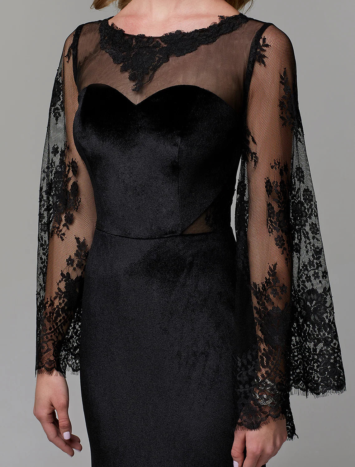 Elegant Sheath Illusion Neck Long Sleeve Lace Floor-Length Wedding Guest Dress.
