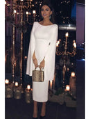Elegant Sheath Jewel Neck Long Sleeve Backless Pure Color Tea Length Cocktail Dress.