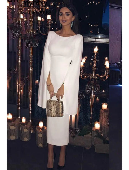 Elegant Sheath Jewel Neck Long Sleeve Backless Pure Color Tea Length Cocktail Dress.