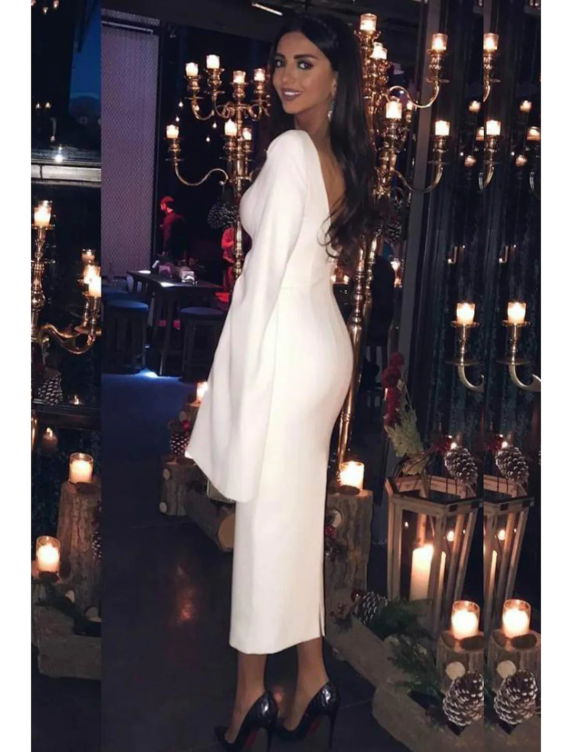 Elegant Sheath Jewel Neck Long Sleeve Backless Pure Color Tea Length Cocktail Dress.
