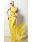 Elegant Sheath One Shoulder Backless Ruched Sequin Long Evening Gown.