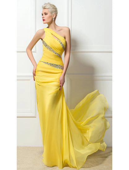 Elegant Sheath One Shoulder Backless Ruched Sequin Long Evening Gown.