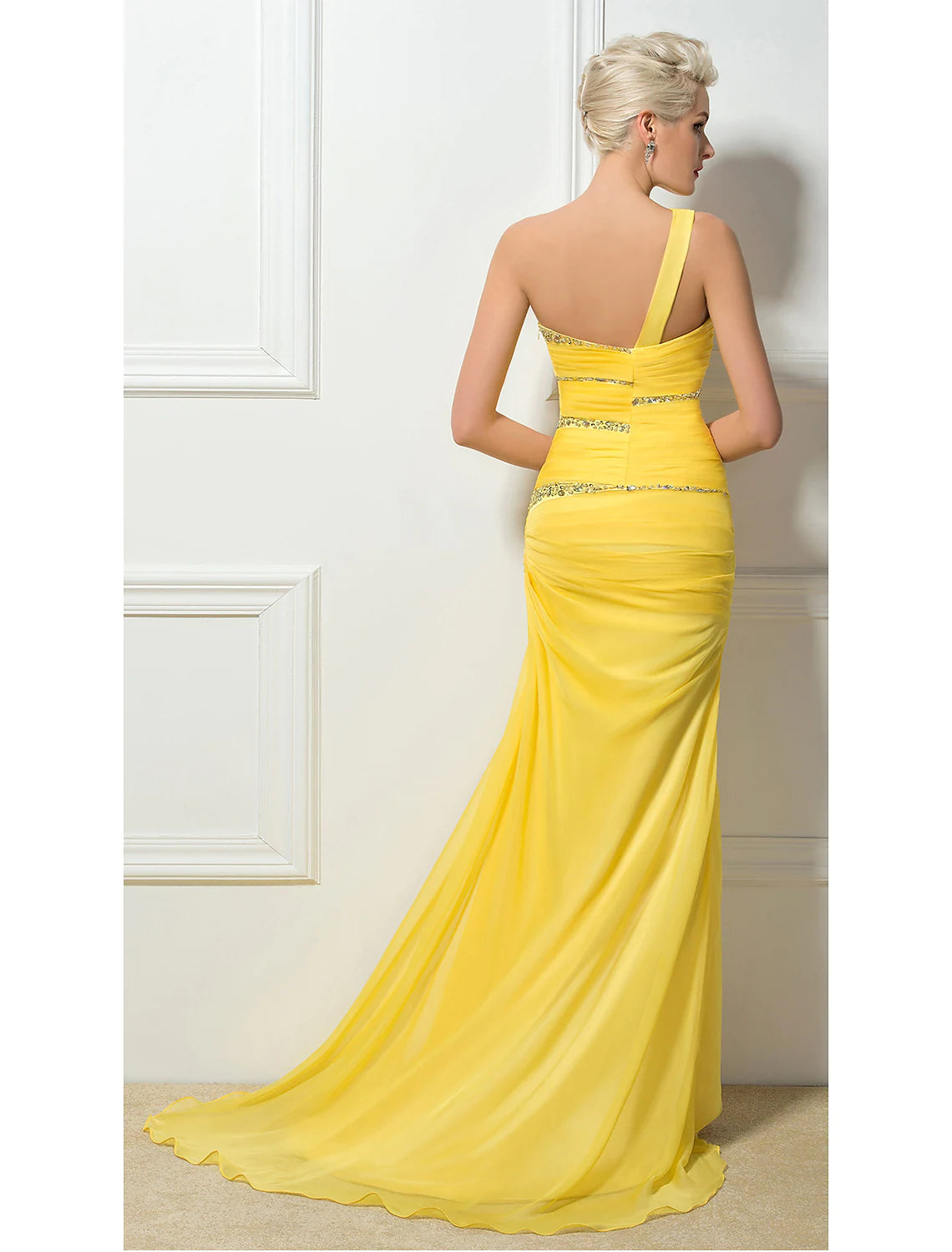 Back view of Elegant Sheath One Shoulder Backless Ruched Sequin Long Evening Gown.