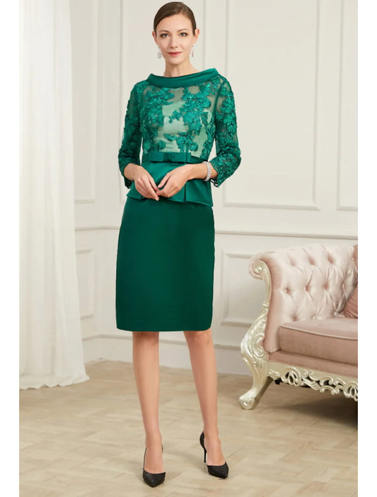 Elegant Sheath Peplum Jewel Neck 3/4 Sleeve Wedding Guest Dress.