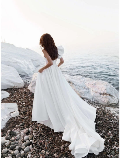 Elegant Sheath Sweetheart Pleated Chiffon Court Train White Beach Wedding Gown.