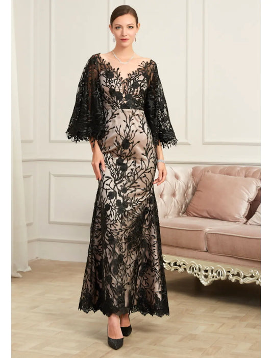 Elegant Sheath V-Neck Half Sleeve Lace Beaded Floor Length Evening Dress.