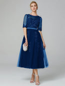 Elegant Sparkle A-Line Illusion Neck Lace Sequin Tea Length Dress for Wedding Guests.