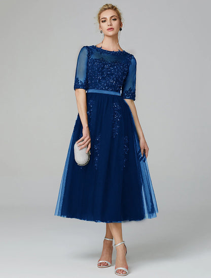 Elegant Sparkle A-Line Illusion Neck Lace Sequin Tea Length Dress for Wedding Guests.