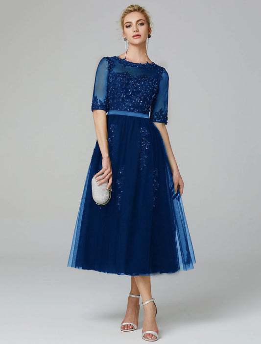 Elegant Sparkle A-Line Illusion Neck Lace Sequin Tea Length Dress for Wedding Guests.