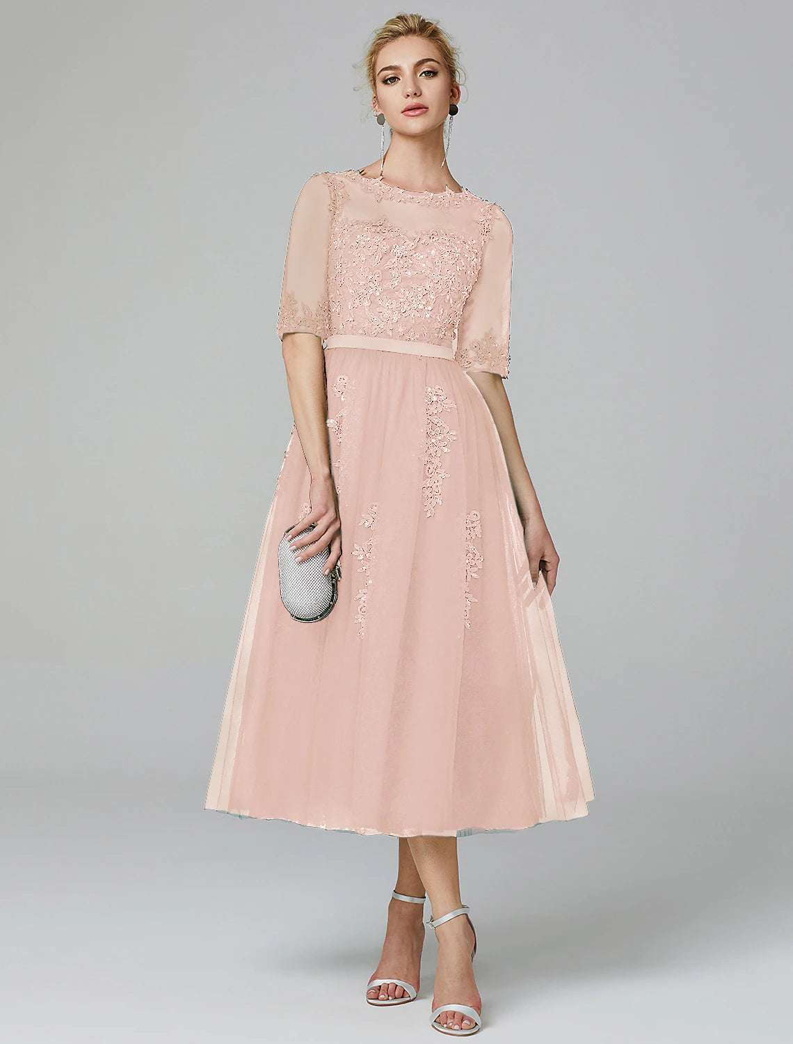 Elegant Sparkle A-Line Illusion Neck Lace Sequin Tea Length Dress for Wedding Guests.