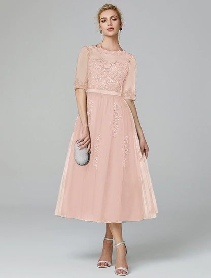 Elegant Sparkle A-Line Illusion Neck Lace Sequin Tea Length Dress for Wedding Guests.