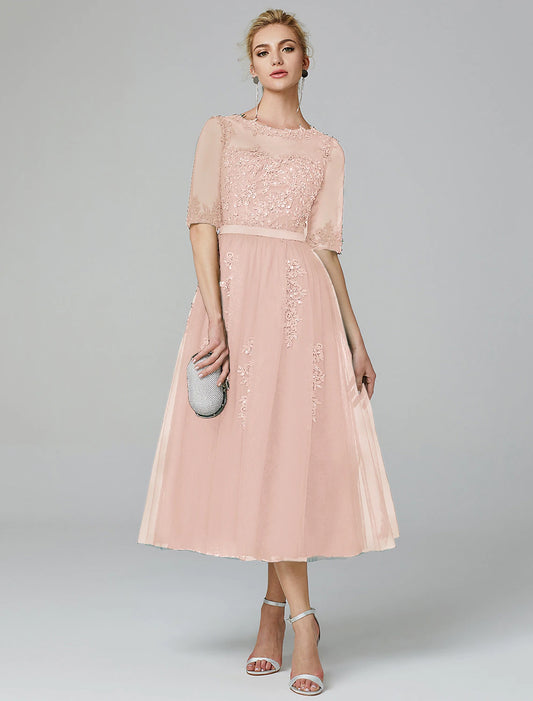 Elegant Sparkle A-Line Illusion Neck Lace Sequin Tea Length Dress for Wedding Guests.