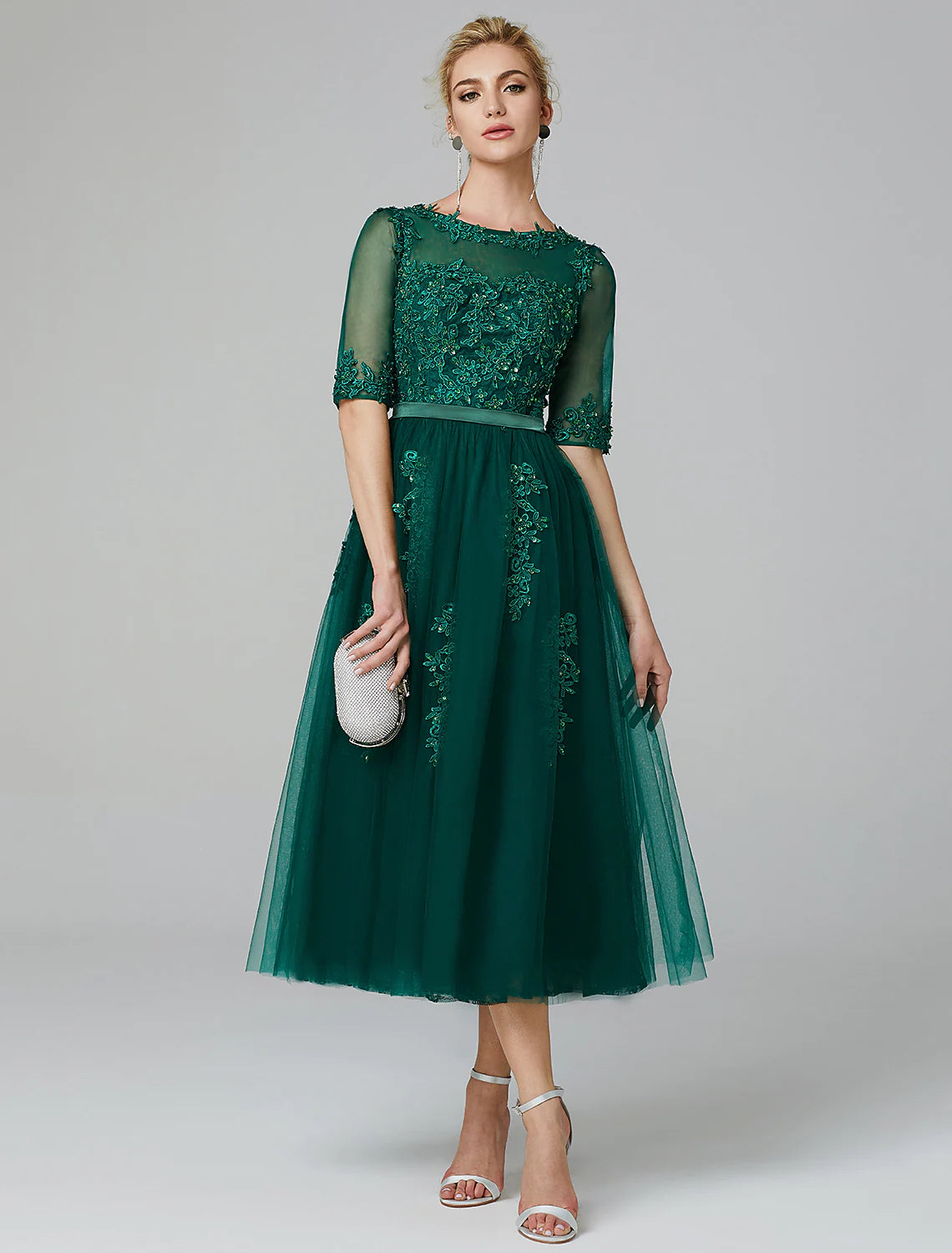 Elegant Sparkle A-Line Illusion Neck Lace Sequin Tea Length Dress for Wedding Guests.